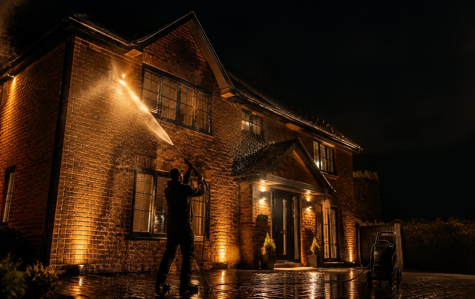 Pressure washing the brick front of a house at night